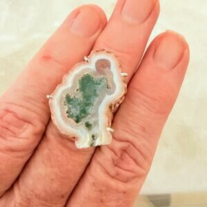 Tree Agate Solar Slice Ring 925 Silver Overlay Statement Ring